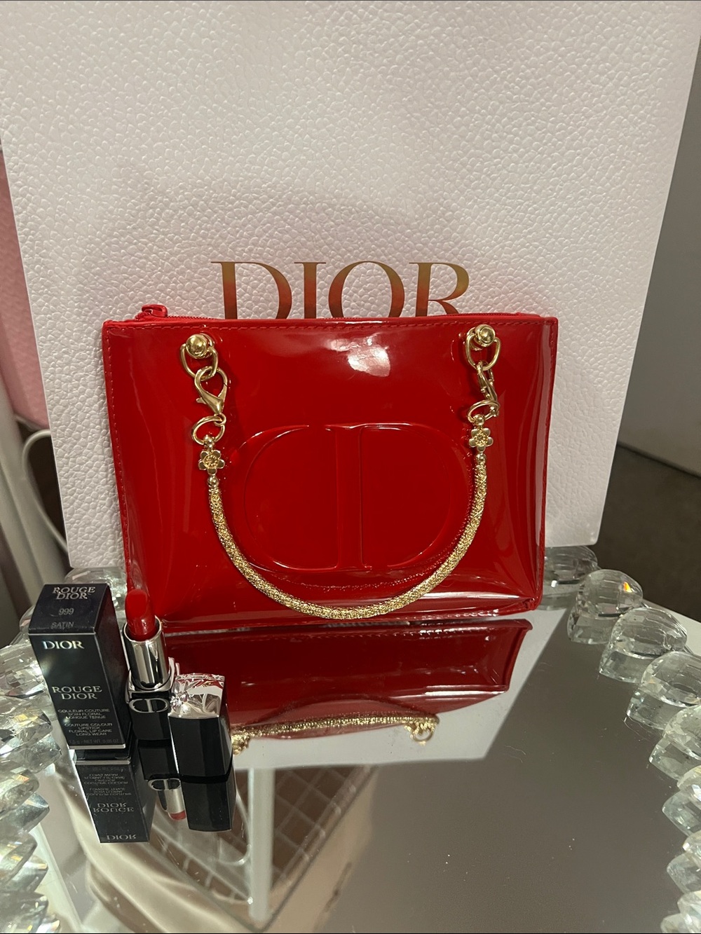 Dior Red Pouch with Gold Handles and Mini Deluxe 999 Rouge Red - Picture 4 of 6